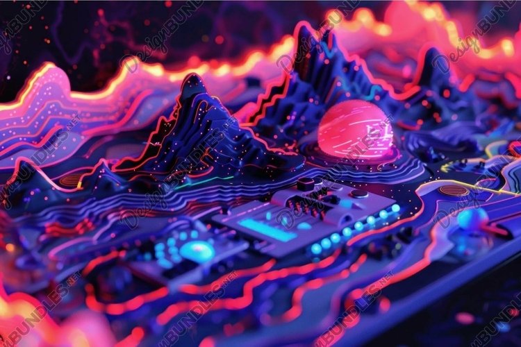 Abstract digital landscape with neon colors and glowing elem