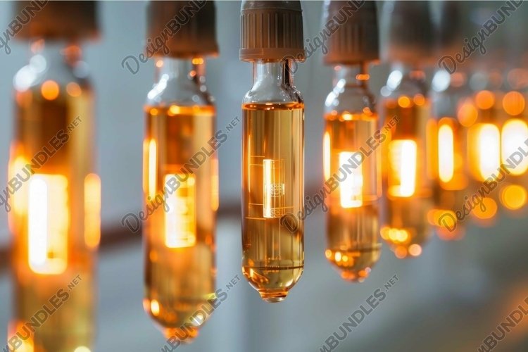 Conveyor belt carrying test tubes full of yellow liquid in a