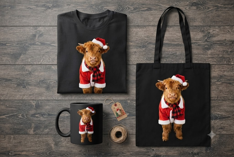 Christmas Highland Cow PNG, Santa Cow, Holiday Cow Clipart