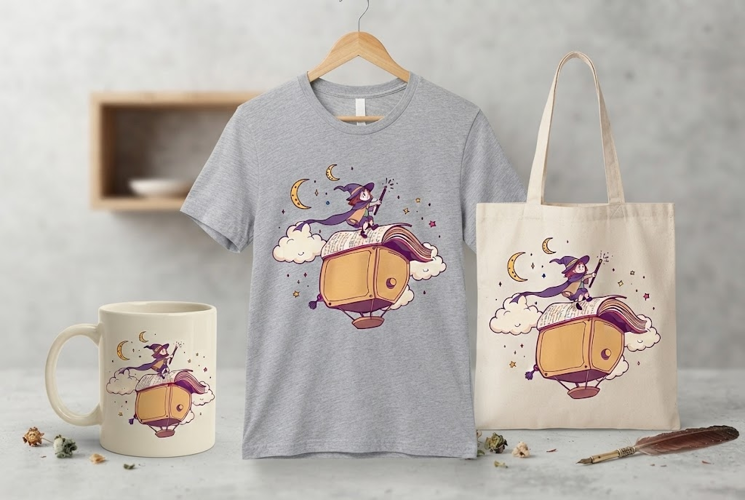 Flying Book Witch PNG | Cute Magical Witch & Moon Clipart
