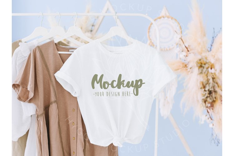 White 3001 Bella Canvas Mockup | 3001 Boho Hanging Mockup example image 1