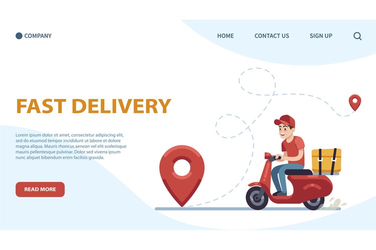Delivery landing page. Courier, guy on moped against backdro