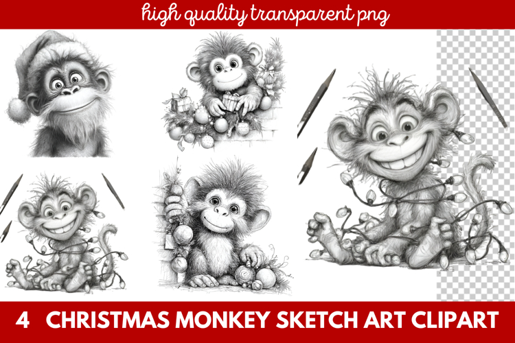 Christmas Monkey Sketch Art Clipart | Hand-Drawn Holiday