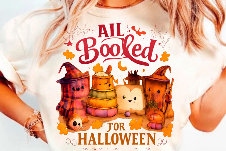 All Booked Halloween Cute Cat Books Pumpkin Autumn T-Shirt D example image 1