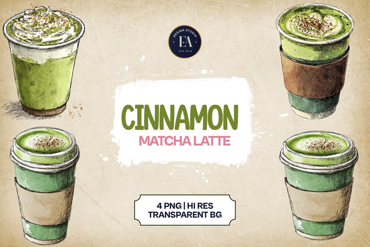 Cinnamon Matcha Latte Clipart Bundle 4 PNG