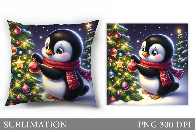 Cute Penguin Pillow Design. Christmas Pillow Sublimation example image 1