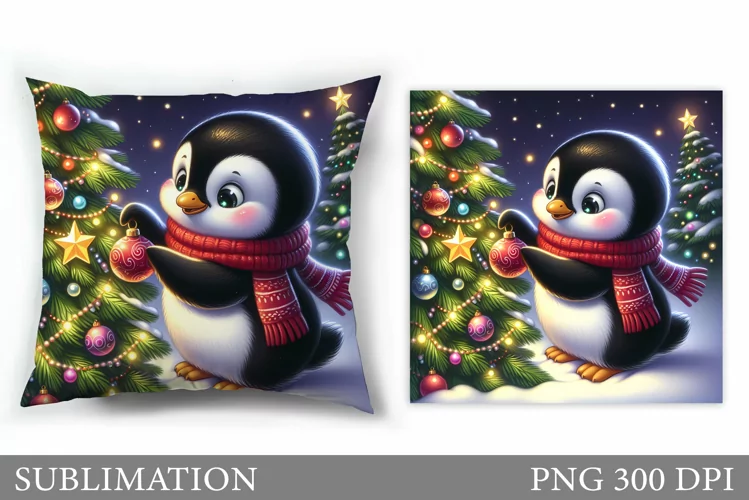 Cute Penguin Pillow Design. Christmas Pillow Sublimation