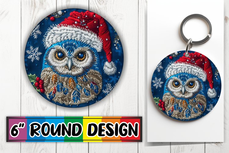 Holiday Owl Embroidery Round Design Keychain Sublimation example image 1