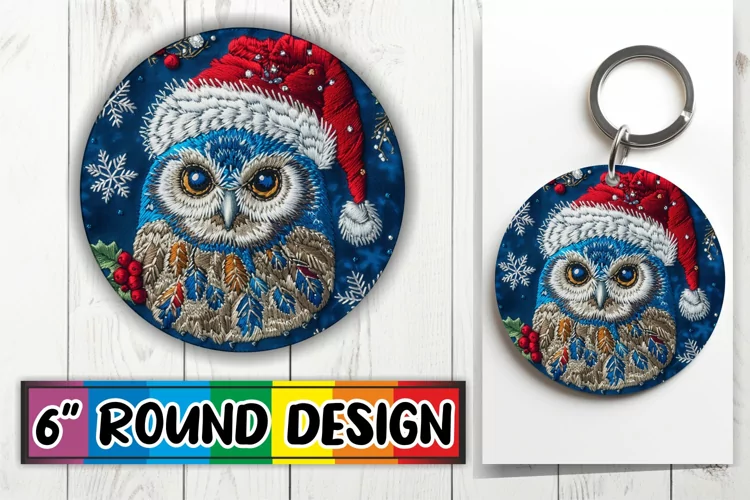 Holiday Owl Embroidery Round Design Keychain Sublimation