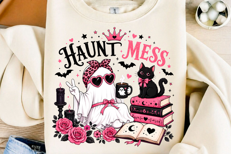 Haunt Mess Ghost Black Cat PNG Pink Girly Halloween Sublim