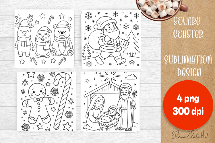 Christmas stories, coloring pages square Coaster Design