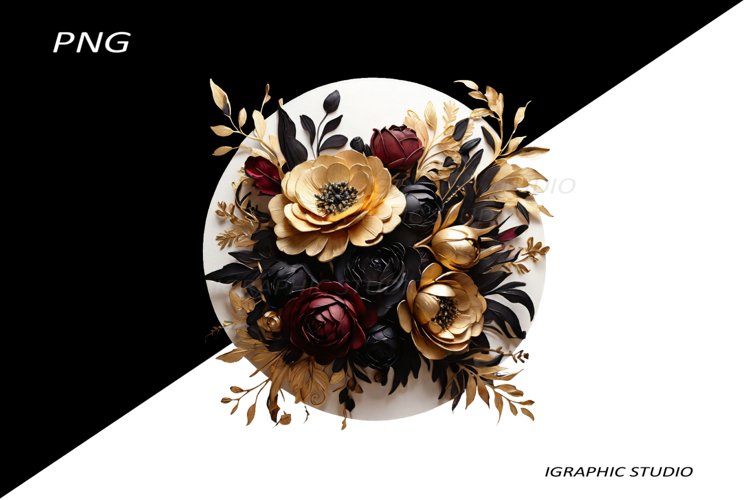 Black and Gold Flowers PNG, Watercolor Floral, Bouquet