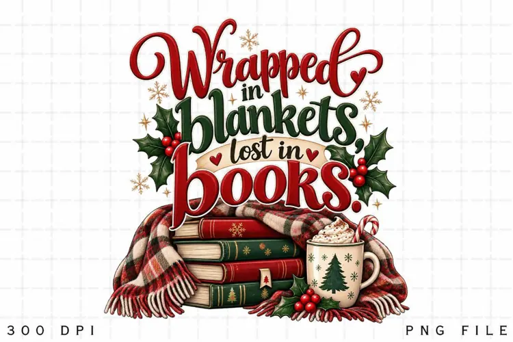 Wrapped in Blankets Lost in Books PNG, Christmas Book Lover