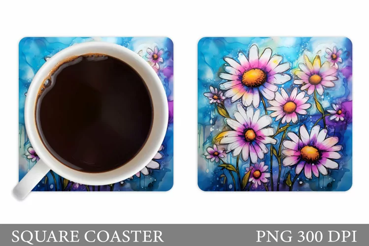 Daisy Flowers Coaster Design. Square Coaster Flowers