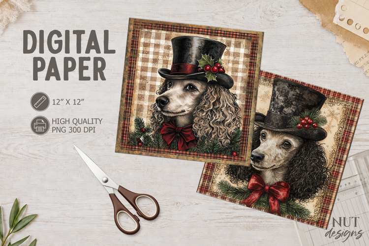 Vintage Poodle Christmas dog Digital Paper