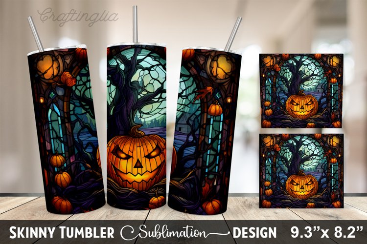 Stained Glass Window With Pumpkins And A House - 20oz Skinny