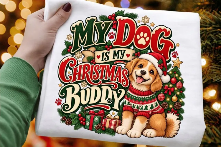 My Dog Is My Christmas Buddy PNG - Cute Santa Dog in