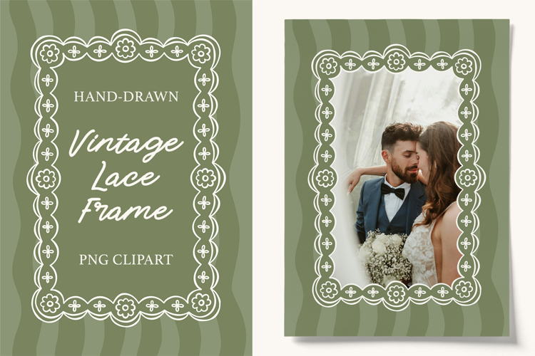 Hand Drawn Vintage Floral Lace Wedding Frame PNG
