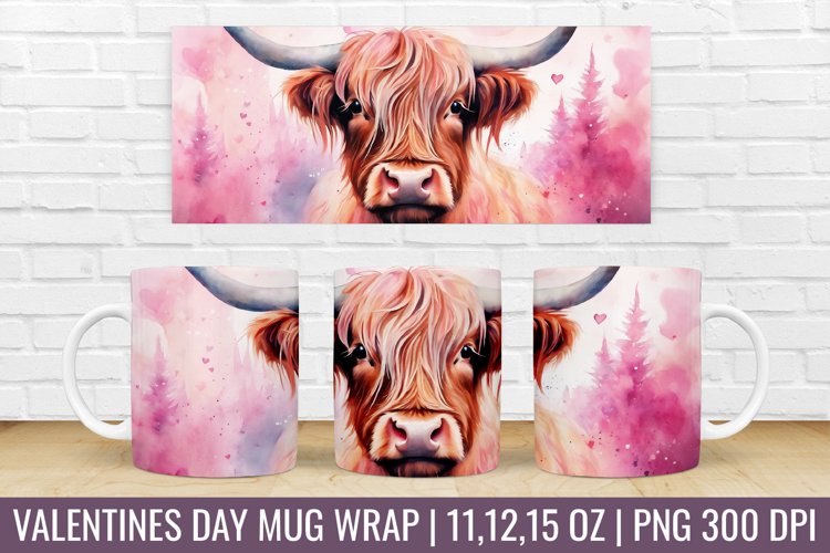 Valentines Day Highland Cow Mug Wrap|Mug Watercolor Design