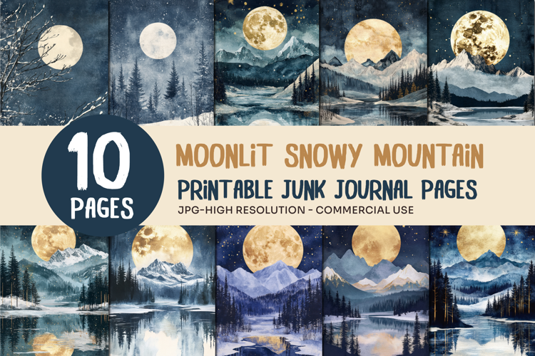 Moonlit Snowy Mountain Junk Journal Pages