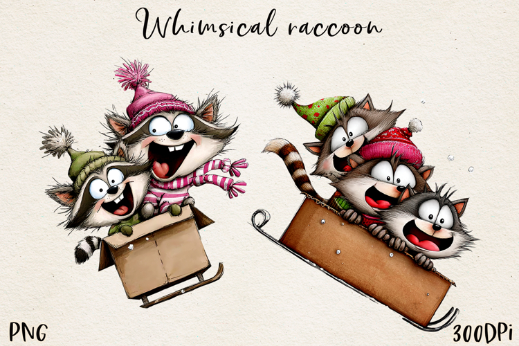 Whimsical Christmas Raccoon clipart, Sublimation PNG.