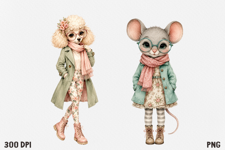 Cute Cottagecore Animal Watercolor Clipart PNG