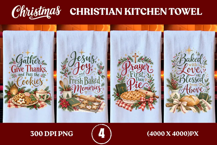 4 Christian Christmas Kitchen Towel PNGs, 4 Jesus Christmas