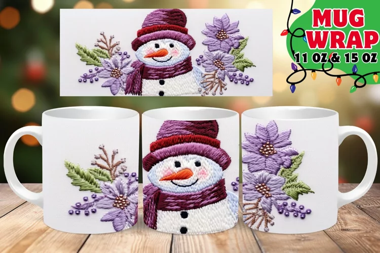 Christmas Snowman 3D Embroidered Glow 15oz Mug Wrap