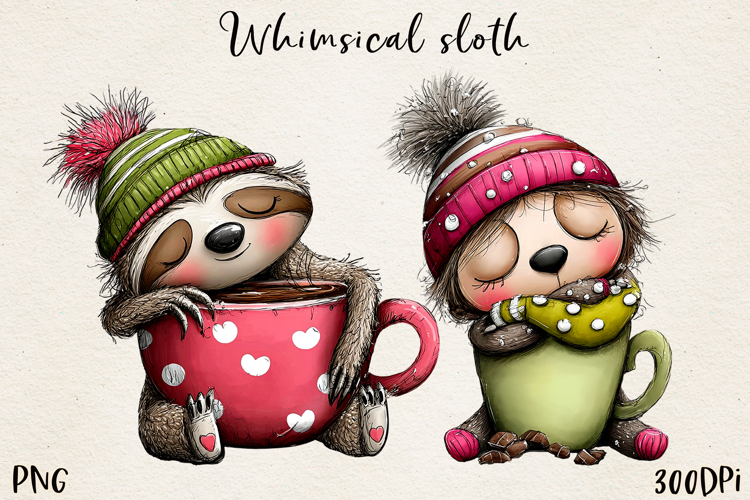 Whimsical Winter Sloths | Cute Cozy Sloth Clipart PNG