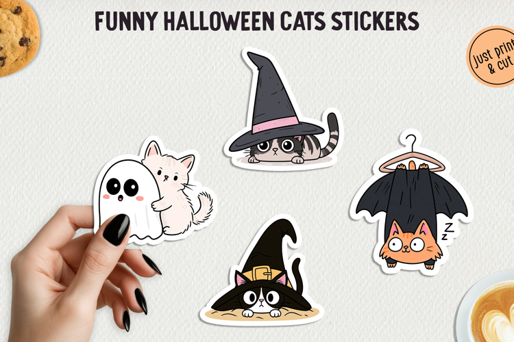 Funny Halloween Cat Sticker PNG Printable Stickers.