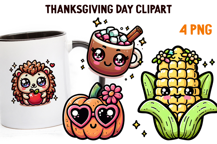 Cute Kawaii Thanksgiving Clipart | Fall Pumpkin Turkey PNG