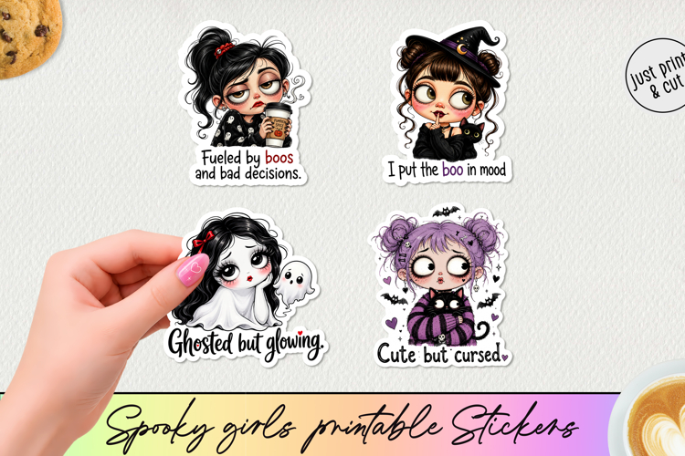 Spooky Girl Printable Stickers 4 Halloween PNGs.