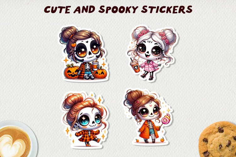 Spooky Skeleton Girls Stickers Halloween Clipart Kawaii Fall example image 1