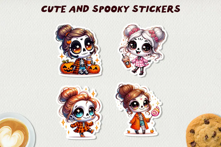 Spooky Skeleton Girls Stickers Halloween Clipart Kawaii Fall