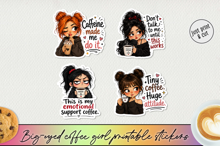Funny Big-Eyed Coffee Girl Stickers PNG