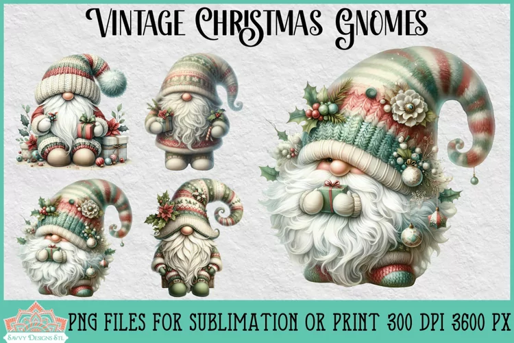 Vintage Christmas Gnomes | Christmas Sublimation Clipart
