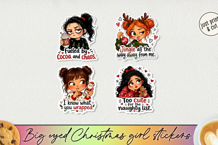 Big Eyed Christmas Girl Stickers PNG, Funny Holiday Girl