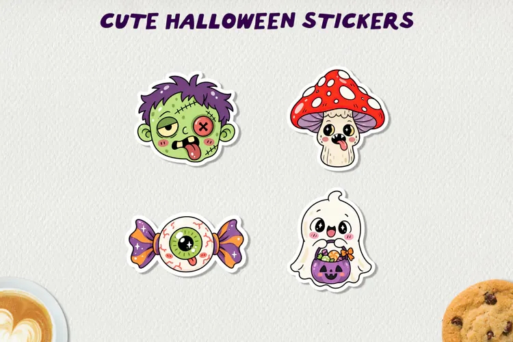 Cute Halloween Printable Stickers, Kawaii Spooky PNG.