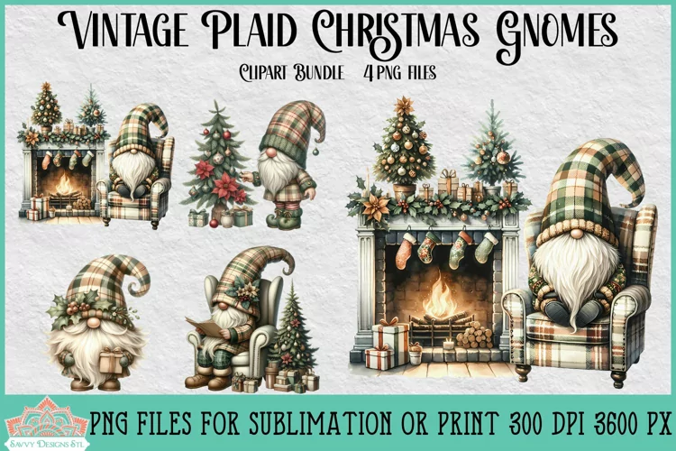 Vintage Plaid Christmas Gnomes | Christmas Clipart