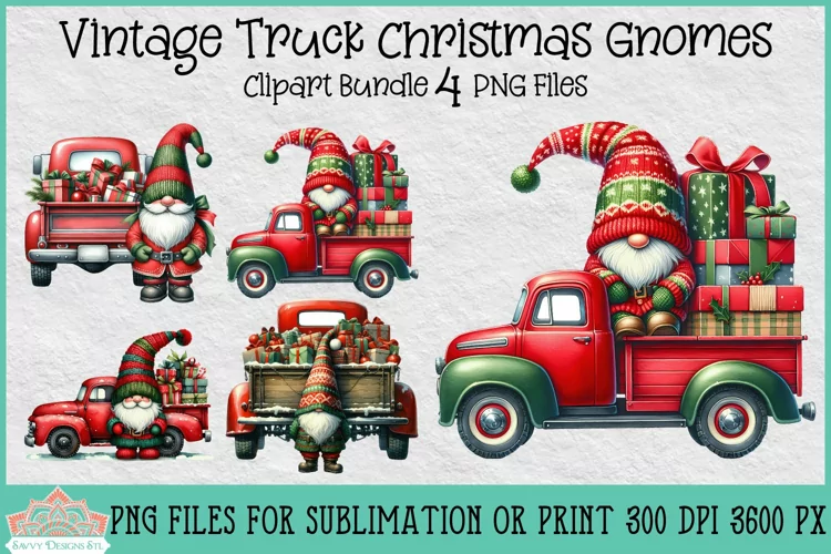 Vintage Truck Christmas Gnomes | Christmas Clipart