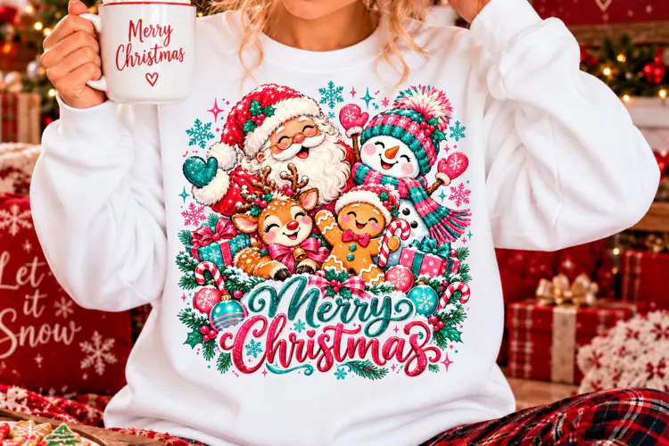Pink Merry Christmas Santa Friends Sublimation PNG