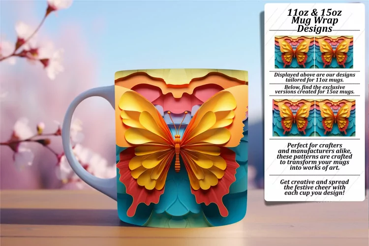 Springtime Butterfly Spectacle: Colorful 3D Mug Wrap