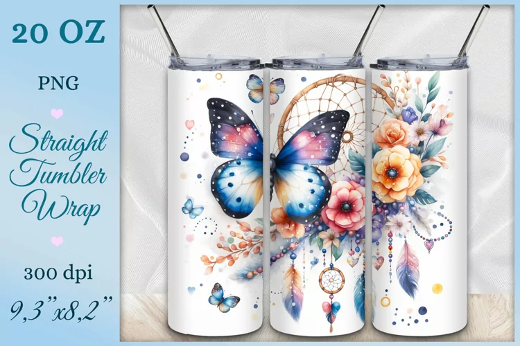 Tumbler Wrap, Dreamcatcher and Butterfly, Watercolor, Png