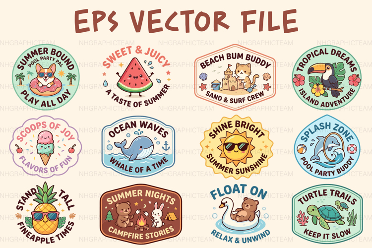 Kawaii Summer Sticker Badge Bundle for Kids T-Shirt EPS Pack