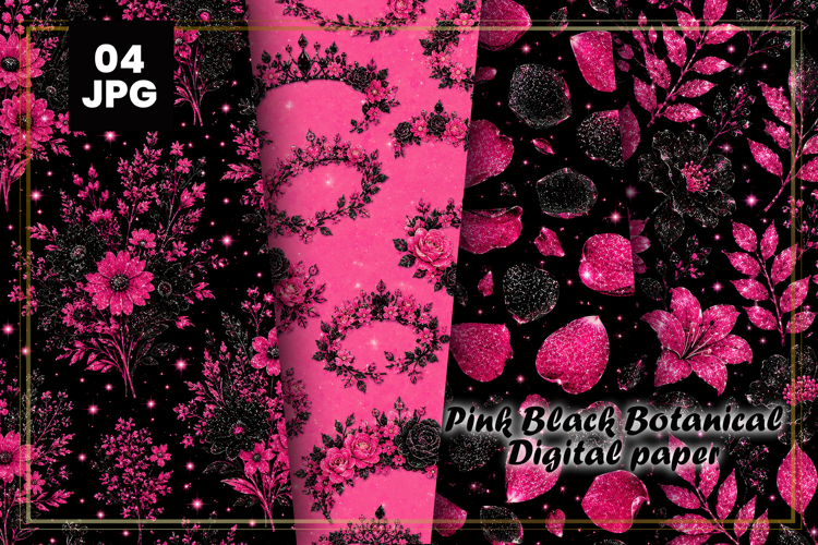 Pink Black Botanical Digital Paper