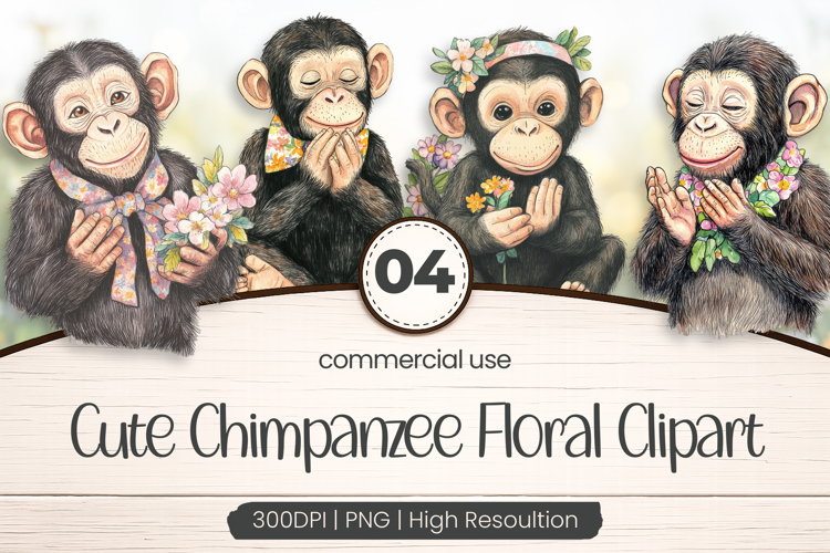 Cute Chimpanzee Floral Clipart PNG