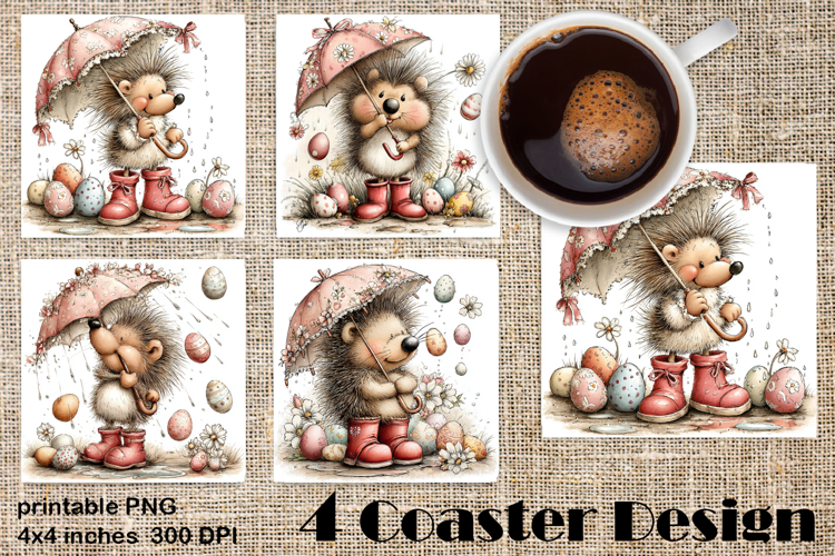 Happy Easter Square Coaster Sublimation. Funny hedgehogs example image 1