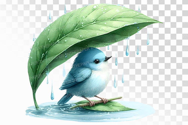 Blue Bird Sheltering Under Green Leaf from Rain PNG Summer