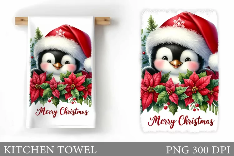 Cute Penguin Kitchen Towel. Christmas Kitchen Towel Design