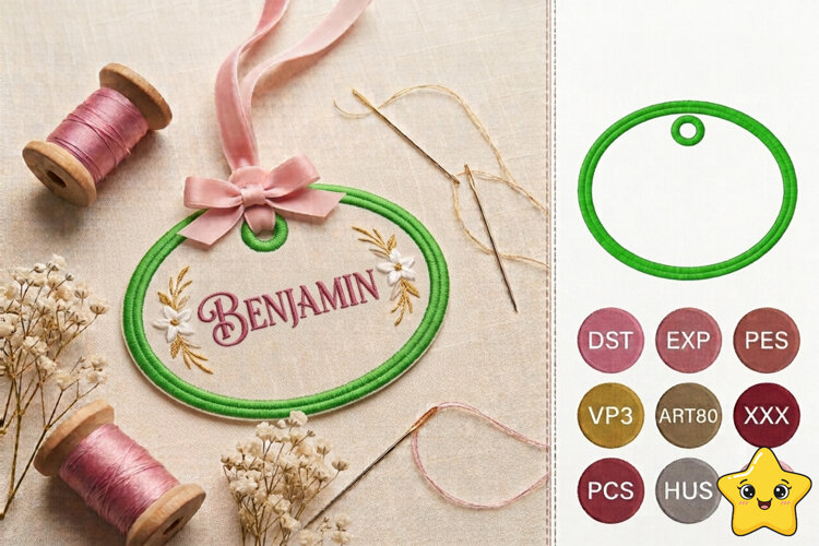 ITH Oval Gift Tag Machine Embroidery Design example image 1
